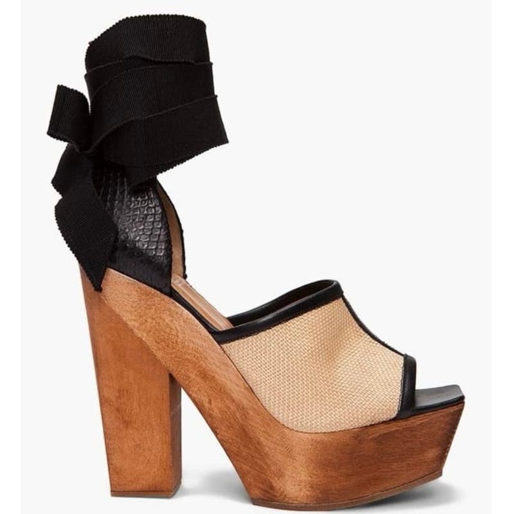 Viktor & Rolf | Architectural Wooden Block Platform Sandals Lace Up Ribbon 37